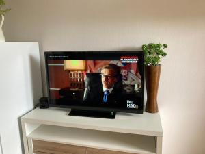 telewizor z płaskim ekranem siedzący na półce w obiekcie Apartamento con vistas espectaculares al rio Sella w mieście Ribadesella