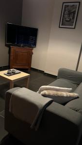 a living room with a couch and a tv at Casa Polizzi - Maison entière in Fontaine-lʼÉvêque