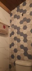 een badkamer met een toilet en een betegelde muur bij Suite na varanda para casais in Foz do Iguaçu +16 foto's