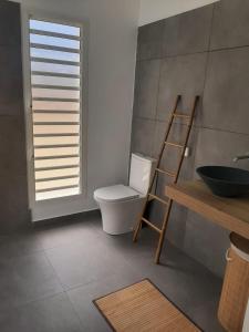 a bathroom with a toilet and a sink and a window at Bienvenue à la Villa Ifè in Le Gosier