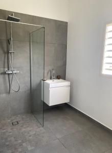 y baño con ducha y lavabo blanco. en Bienvenue à la Villa Ifè en Le Gosier