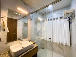 a bathroom with a sink and a shower at Hotel Westend in Udaipur