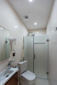 a bathroom with a shower and a toilet and a sink at Hillside City Center Hotel in Baku