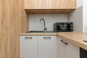 a kitchen with a sink and a microwave at Bright & Modern Studio in Łódź Classic Tenement House by Renters in Łódź