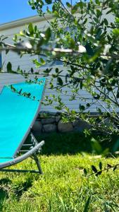 a blue umbrella sitting in the grass near a tree at les bungalows de Lisa Maria in SERRA DI FIUMORBO