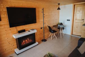 sala de estar con chimenea y TV de pantalla plana en Med smrekami - Studio apartment with Chalet, Sauna and Jacuzzi en Cerklje na Gorenjskem