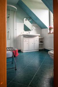 a bathroom with a sink and a shower and a toilet at Cottage house Lublin in Lublin