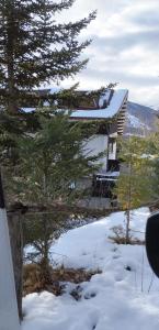 ein Gebäude im Schnee mit Bäumen im Vordergrund in der Unterkunft Chalet Elegante - Campo Felice e Piste da scii in Spogna