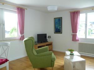 a living room with a green chair and a television at De Jutter Edelweiss in Gosau