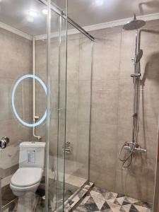 ein Badezimmer mit Toilette und Glasdusche in der Unterkunft 2-х комнатная квартира на Арбате in Almaty + 5 Fotos