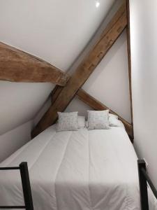 a white bed with two pillows in a attic at Appartement, Langres in Langres