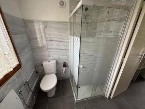 een badkamer met een toilet en een glazen douche bij T2 avec jardin au calme,parking privé in Buchelay