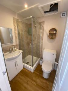 a bathroom with a shower and a toilet and a sink at Leafy lodge in Lytham in Brown Moss Side