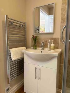 a bathroom with a white sink and a mirror at Leafy lodge in Lytham in Brown Moss Side +62 photos