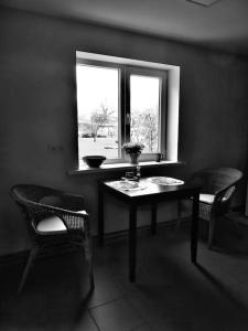 a room with a table and two chairs and a window at Cozy apartment near the airport in Rīga