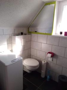 a small bathroom with a toilet and a sink at Chez Mamilou in Soufflenheim