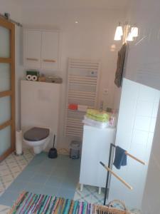 a small bathroom with a toilet and a sink at La Petite Maison dans la Prairie in Scillé