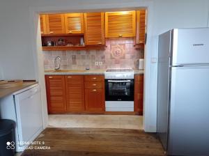 eine Küche mit Holzschränken und einem weißen Kühlschrank in der Unterkunft Gîte Vergnelibert in Chalais