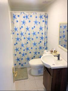 サンティアゴにあるOportunidadのバスルーム(トイレ、青い星のシャワーカーテン付)