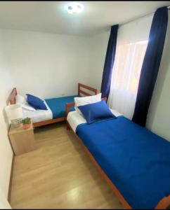 サンティアゴにあるOportunidadの青いシーツと窓が備わる客室で、ベッド2台が備わります。