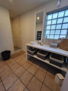 a bathroom with a sink and a large mirror at L'OREE DES LACS, Maison de village tout confort in Radonvilliers