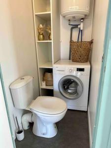 a bathroom with a toilet and a washing machine at Appartement lumineux Parking Privé Gratuit in Bourg-en-Bresse