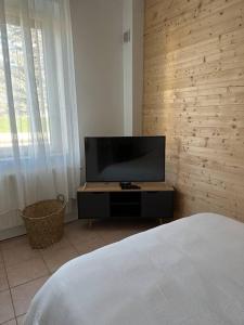 a bedroom with a flat screen tv on a dresser at Appartement lumineux Parking Privé Gratuit in Bourg-en-Bresse
