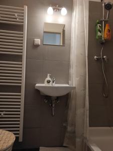 een badkamer met een wastafel en een spiegel bij CozyNite Premium Apartment Hauptbahnhof 1+2 in Wenen