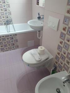 bagno bianco con lavandino e servizi igienici di Purple apartament a Sibiu