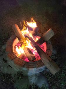 een vuurplaats met houtblokken en vlammen in het gras bij URMA 2 in Barranca