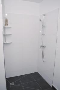 a shower in a white room with a black tile floor at Professional Studio Appartment in Bobigny +22 photos