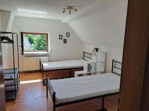 a room with two beds and a window at Saaler Pfandl Ferienwohnung zentral gelegen in Saal