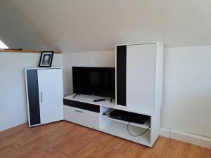 a living room with a tv and a white entertainment center at Saaler Pfandl Ferienwohnung zentral gelegen in Saal an der Donau