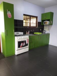 a green kitchen with a stove and green cabinets at Sue's Place in Paramaribo
