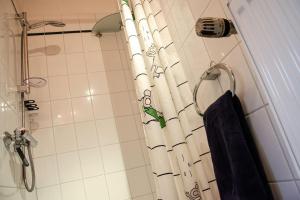 a shower curtain in a bathroom with a towel at Weitblick-Loft mit Terrasse in Rostock