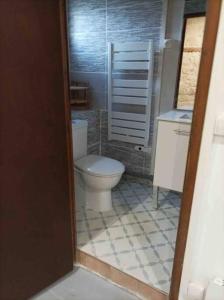 baño con aseo y suelo de baldosa. en Grande maison traversante., en Saint-Gilles