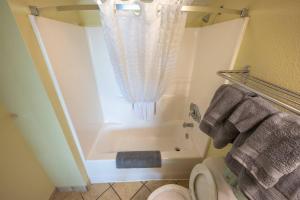 a bathroom with a shower and a toilet and a tub at Low Floor,Direct Oceanfront,Heated Pool,Boardwalk! in Myrtle Beach