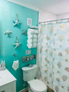 y baño con aseo y cortina de ducha. en Beautiful and comfortable rom apt # 2, en Tampa