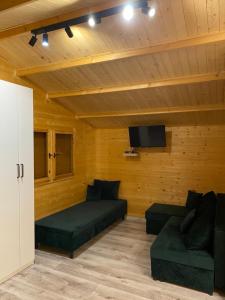 a living room with a couch and a flat screen tv at Domek pod gwiazdami z jacuzzi in Brzozowa