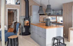 a kitchen with a fireplace and a stove at Awesome Home In Etnedal With House A Mountain View in Etnedal