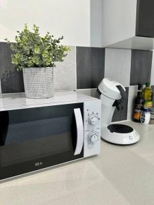 a kitchen with a microwave with a plant on it at Joli studio à 3 min de la Gare in Bourg-en-Bresse
