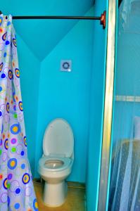 ein Badezimmer mit WC in einem blauen Zimmer in der Unterkunft Mundo Abu San Juan La laguna in San Juan La Laguna