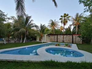 a swimming pool in a yard with palm trees at Marysol beachfront next to nomads d7 in Isla Mujeres