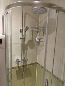 ducha con puerta de cristal y ducha en Rami vieta visiems atvejams. en Vilna