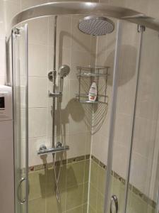 a shower with a glass shower door with a shower at Rami vieta visiems atvejams. in Vilnius