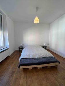 a bedroom with a bed with a blue blanket at Maison calme à proximité des 3 frontières in Longuyon
