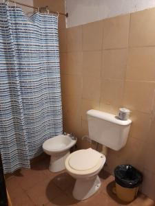 a bathroom with a toilet and a shower curtain at Fatme Hotel in San Agustín de Valle Fértil