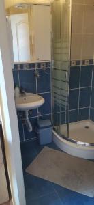 La salle de bains bleue est pourvue d'un lavabo et d'une douche. dans l'établissement Happy moment Niš, à Niš