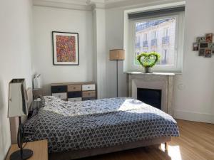Schlafzimmer mit einem Bett, einem Kamin und einem Fenster in der Unterkunft Appartement cozy pour 4 personnes - A 5 minutes de Paris in Levallois-Perret