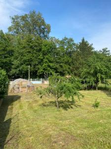 a tree in a field with a fence and trees at Maison au calme, 6 voyageurs in Riorges